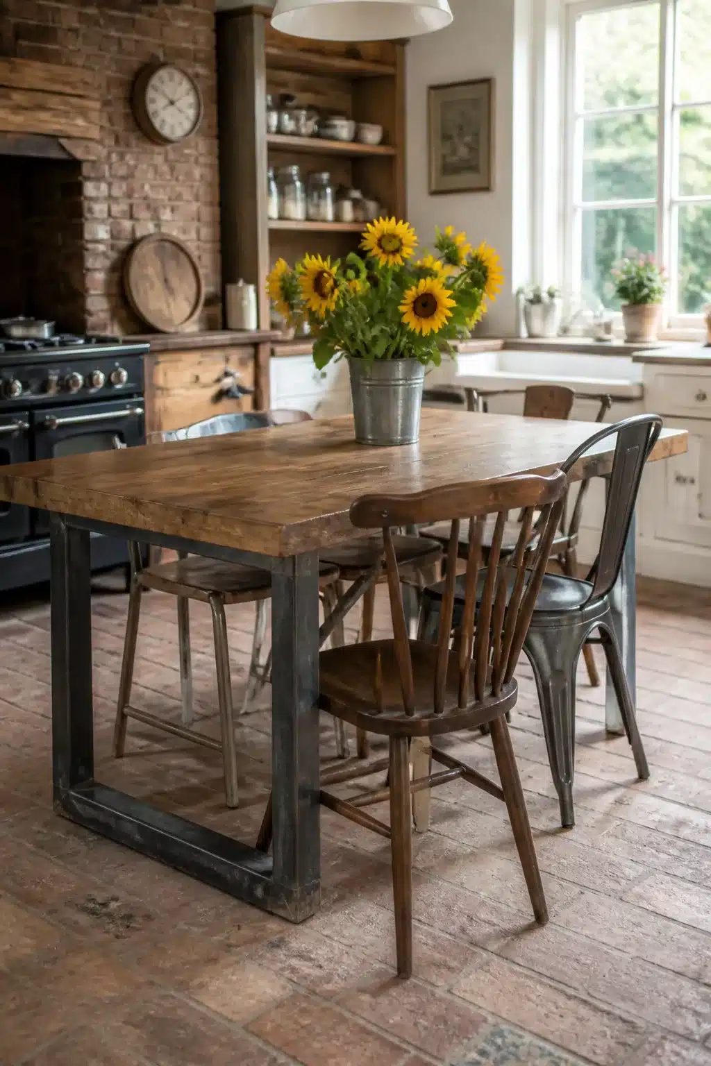 Raw steel base and reclaimed wood cottage kitchen table with mixed chairs, sunflowers, and brick walls