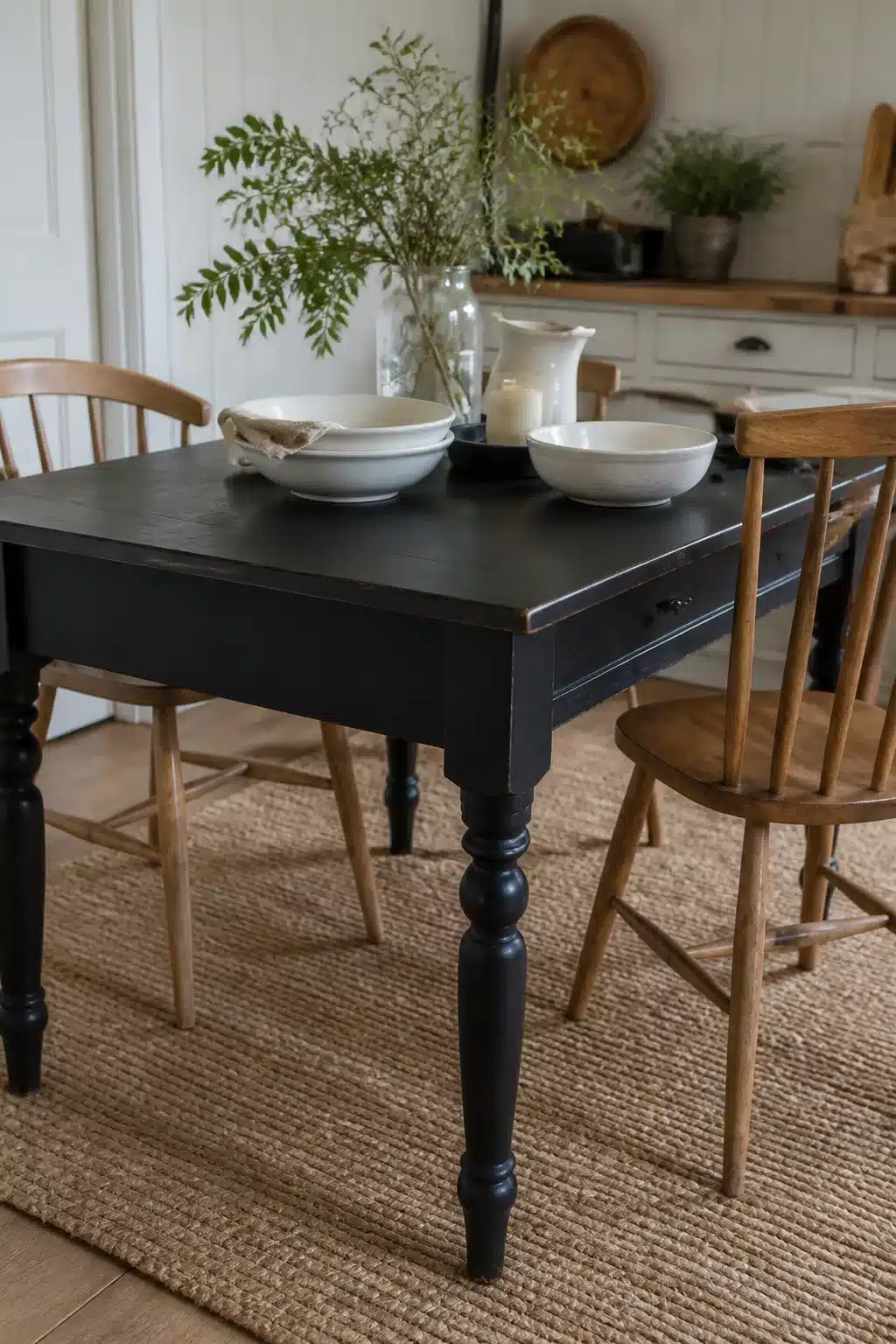 Black painted farmhouse cottage kitchen table with turned legs, wooden chairs, and jute rug