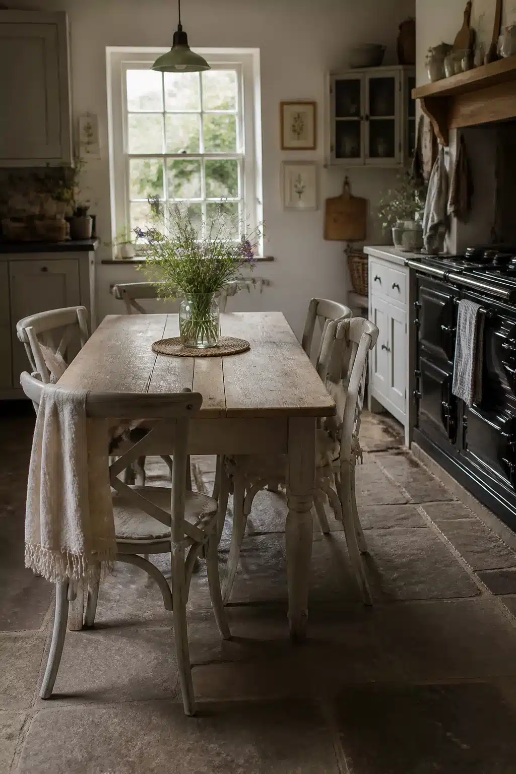 Whitewashed timber cottage kitchen table with cross-back chairs, stone floors, and black Aga range in background.