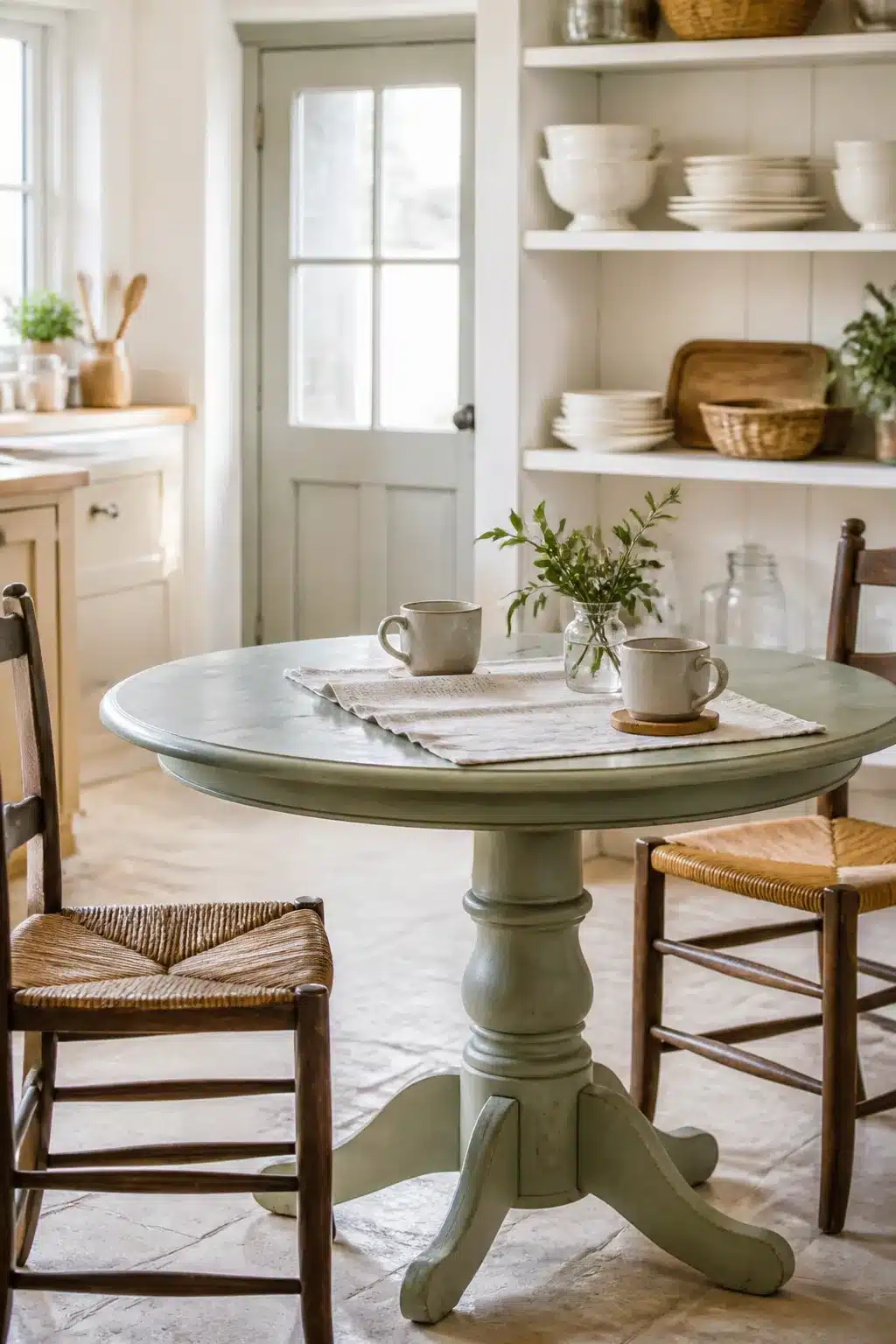 Sage green painted pedestal cottage kitchen table with rush seat chairs and open shelving in a bright farmhouse kitchen.