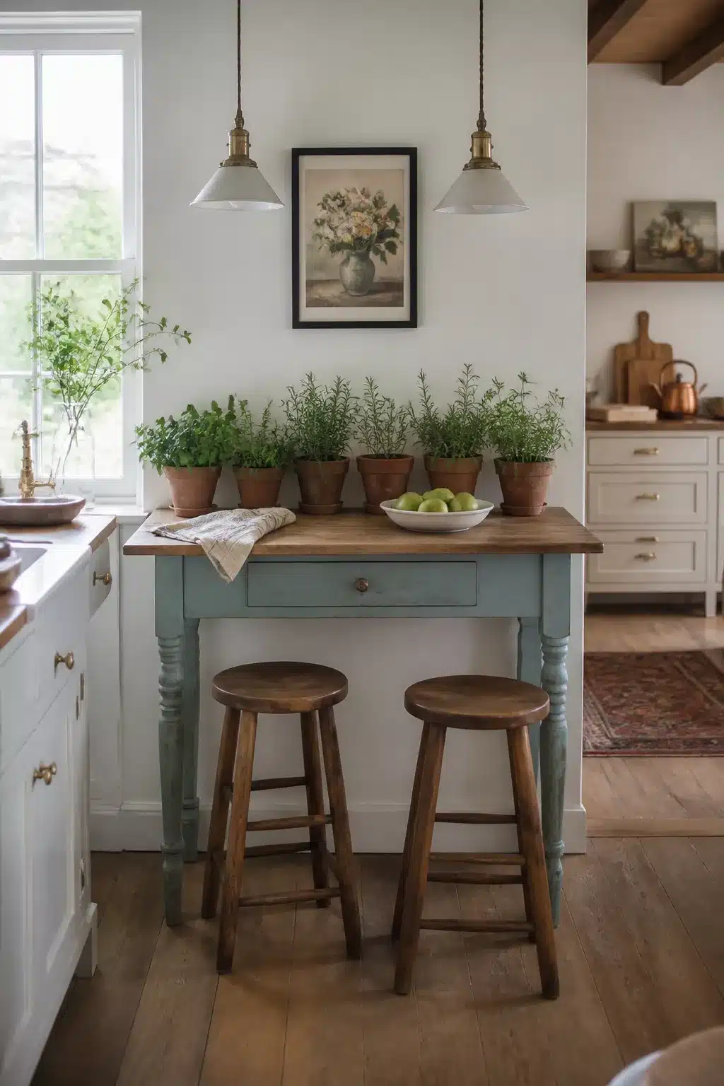 Duck egg blue console used as a cottage kitchen table with wooden stools and potted herbs on top.