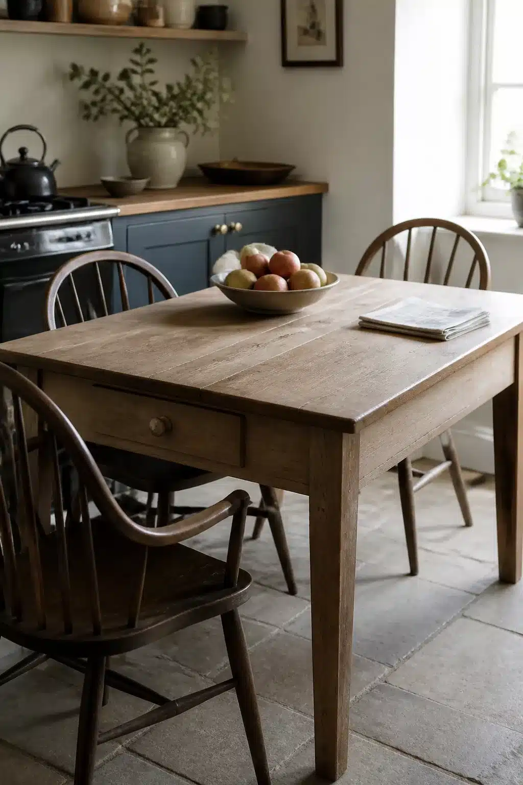 Worn oak cottage kitchen table with drawer, Windsor chairs, stone floor and slate-blue cabinets — cottage kitchen tables