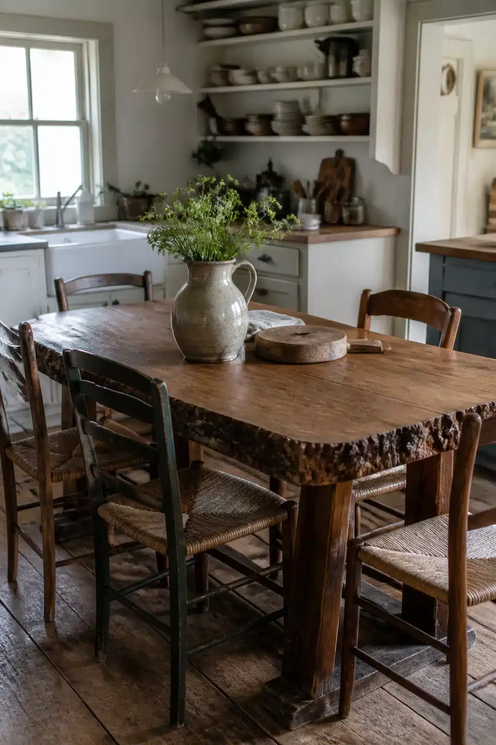 Live-edge wood slab cottage kitchen table with rush seat chairs, ceramic pitcher, and open shelving in background