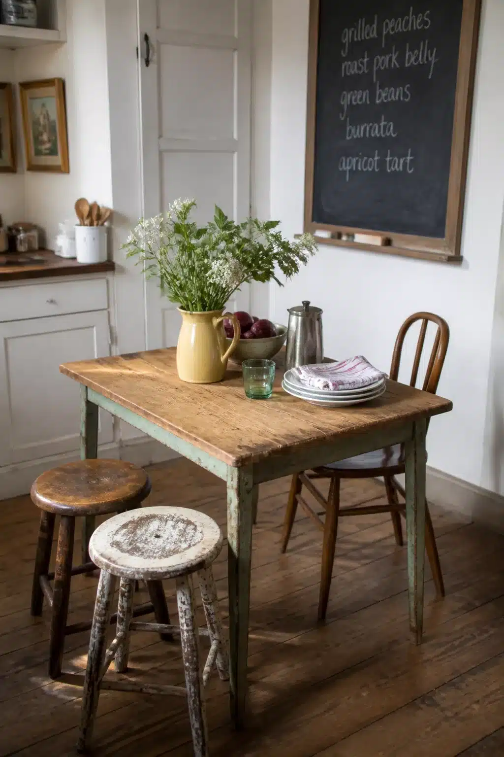 Chippy green-legged pine cottage kitchen table with mismatched stools, wildflowers, and a chalkboard menu on the wall.