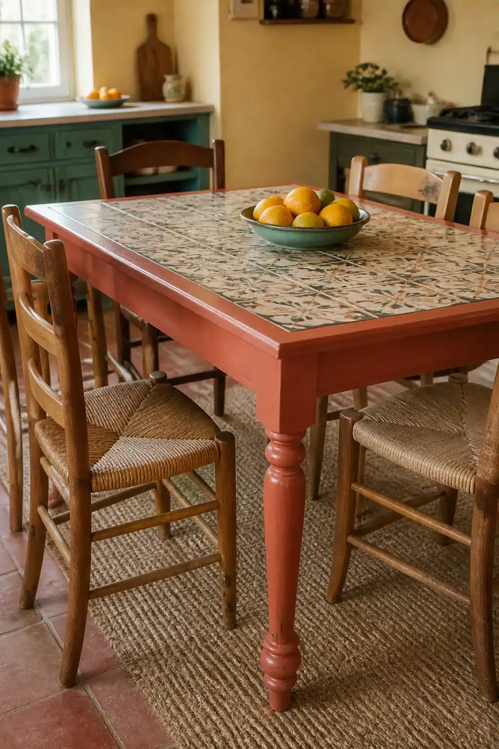 Terracotta painted cottage kitchen table with encaustic tile inset top, rush seat chairs, and teal cabinetry