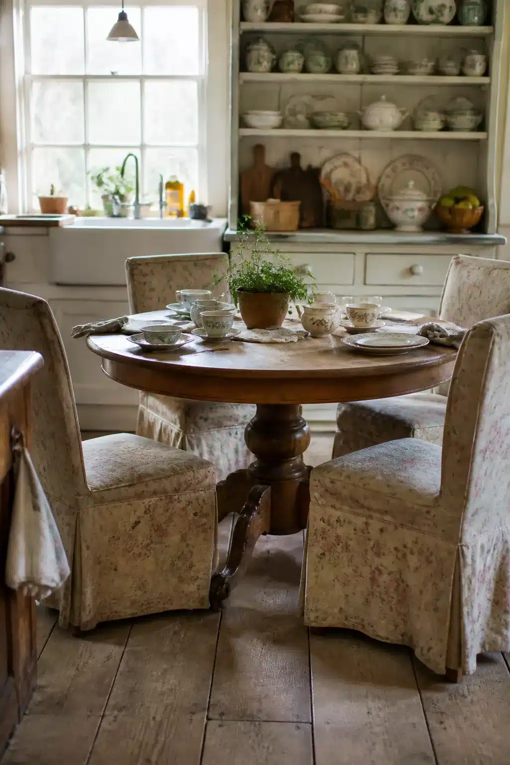 Carved walnut pedestal cottage kitchen table with floral slipcover chairs and open dresser displaying transferware
