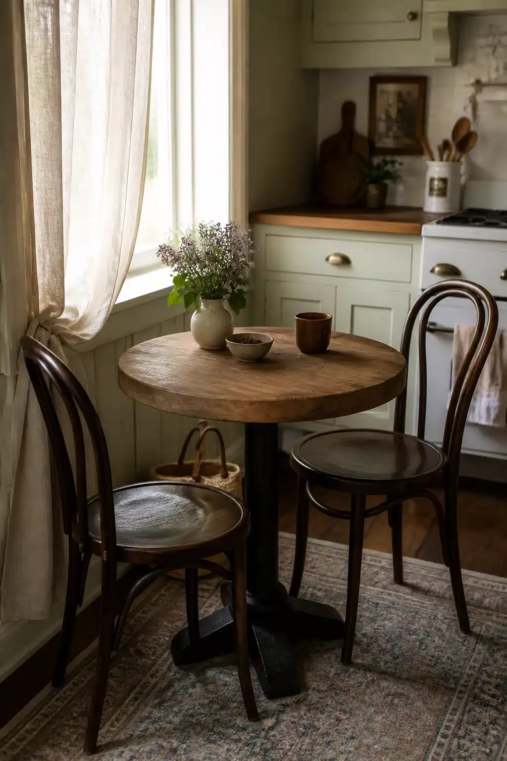 Round worn wood bistro cottage kitchen table with bentwood chairs beside a window with linen curtains