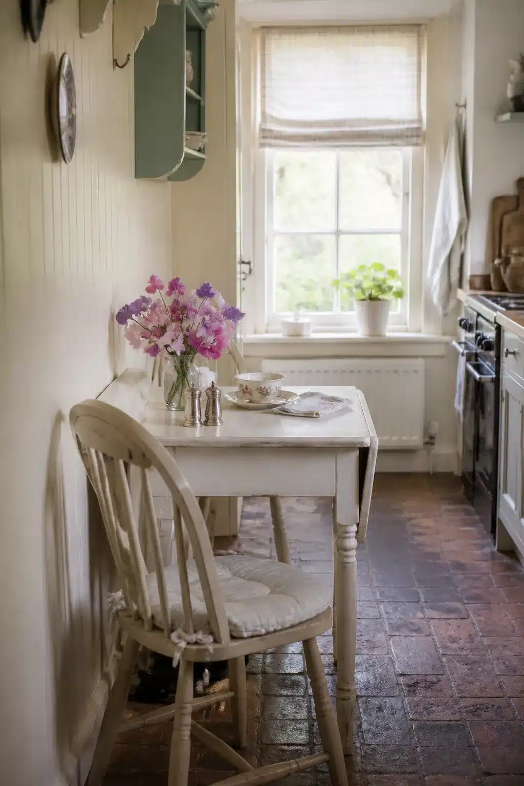 White drop-leaf cottage kitchen table with spindle chair, sweet peas, and terracotta brick floor — cottage kitchen tables idea
