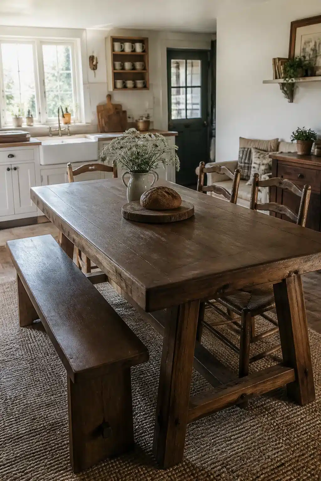 Dark oak trestle cottage kitchen table with bench seating, jute rug, and farmhouse sink in background