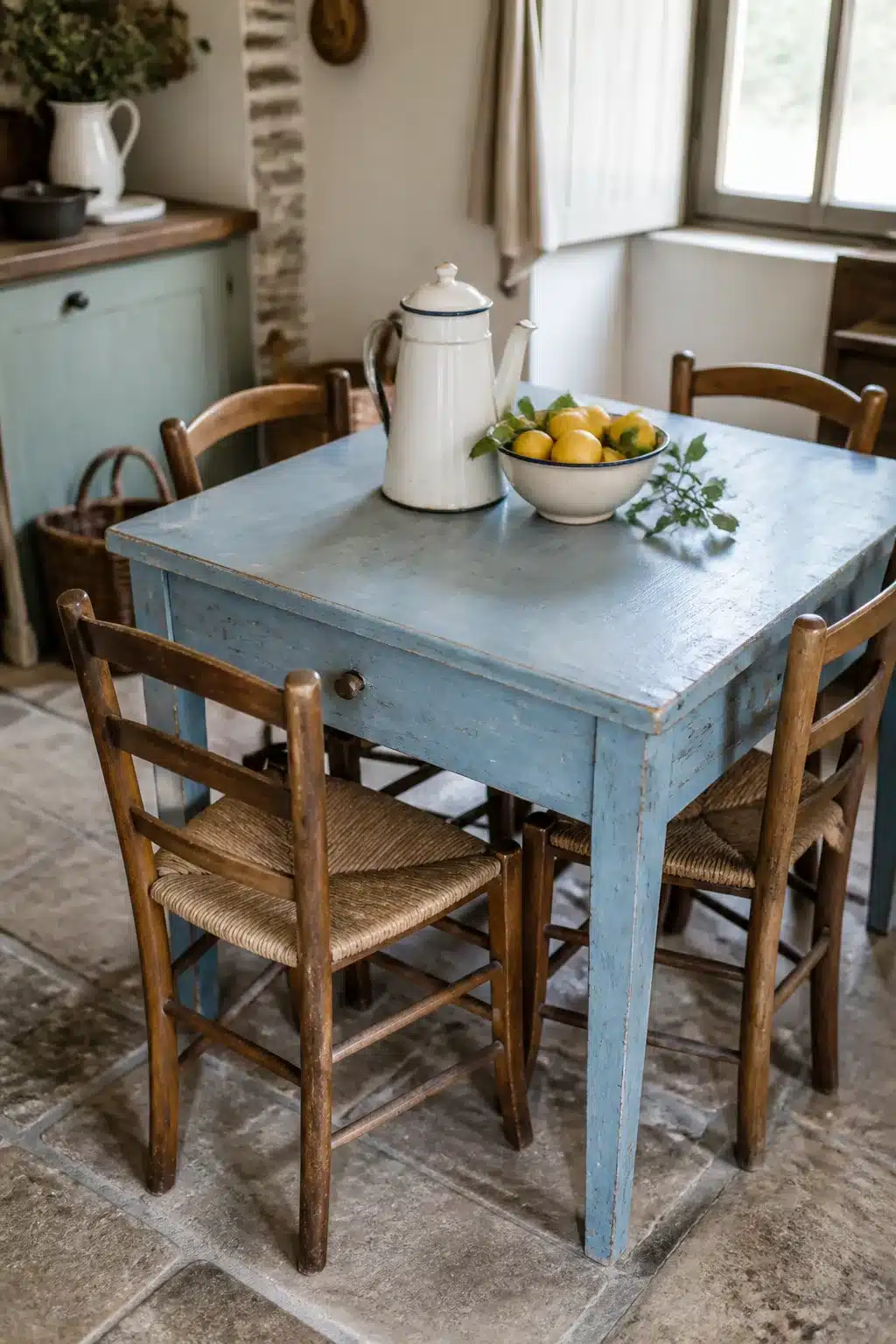 French blue painted cottage kitchen table with rush-seat chairs and stone tile floor — cottage kitchen tables idea