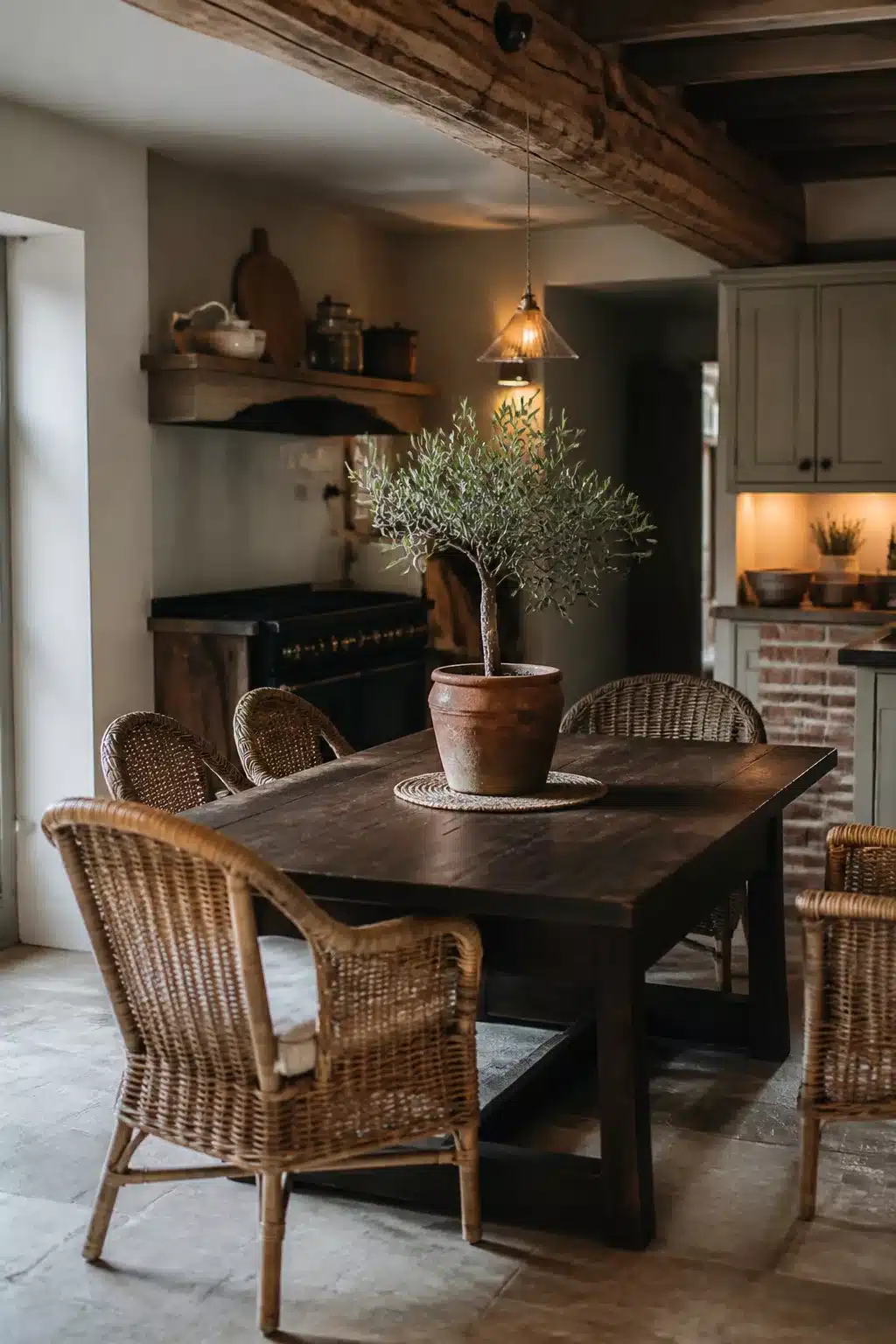 Dark walnut cottage kitchen table with wicker chairs, olive tree centerpiece, and exposed wooden beams overhead.