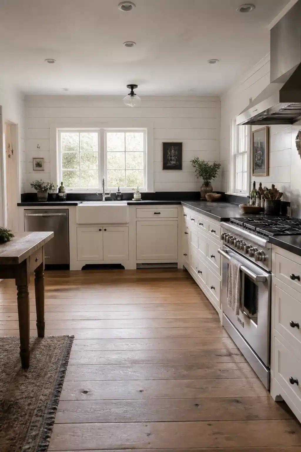 Cottage kitchen with black countertops, white shiplap walls, farmhouse sink, and wide-plank wood floors