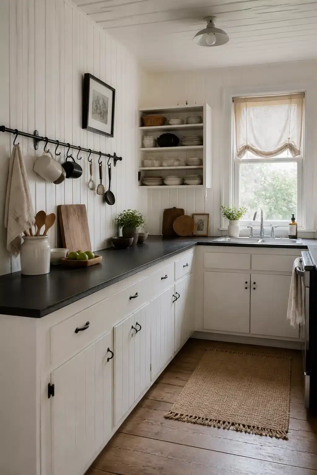 Tiny cottage kitchen with black laminate countertops, white beadboard walls, iron hook rail, and open shelving.