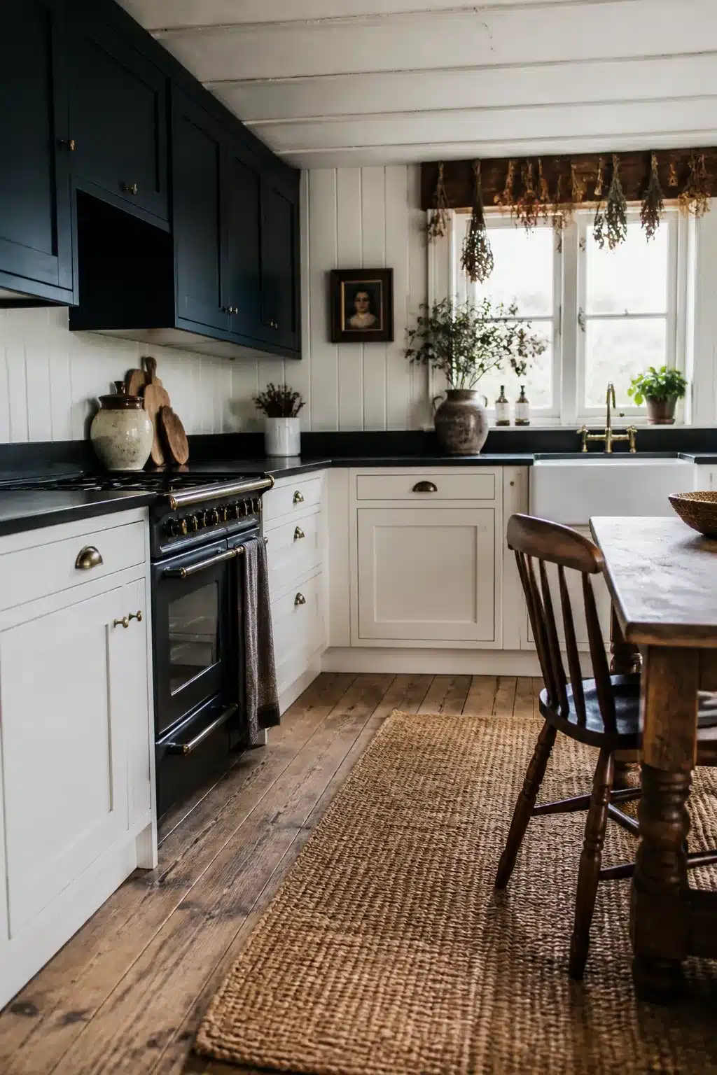 Cottage kitchen with black countertops, midnight blue upper cabinets, white lowers, brass pulls and farmhouse sink