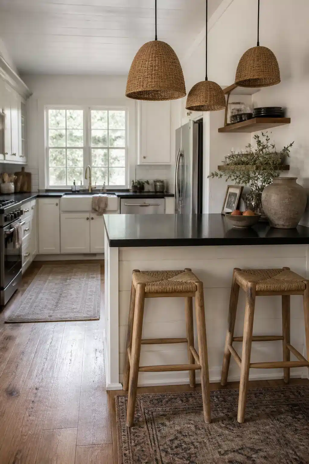 Cottage kitchen with black countertops, wicker pendant lights, rush seat barstools, and white shaker cabinets