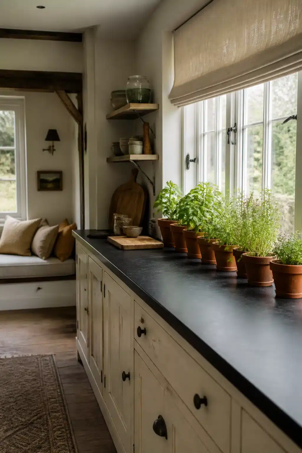 Antique white shaker cabinets with honed black countertops and terracotta herb pots in a cottage kitchen
