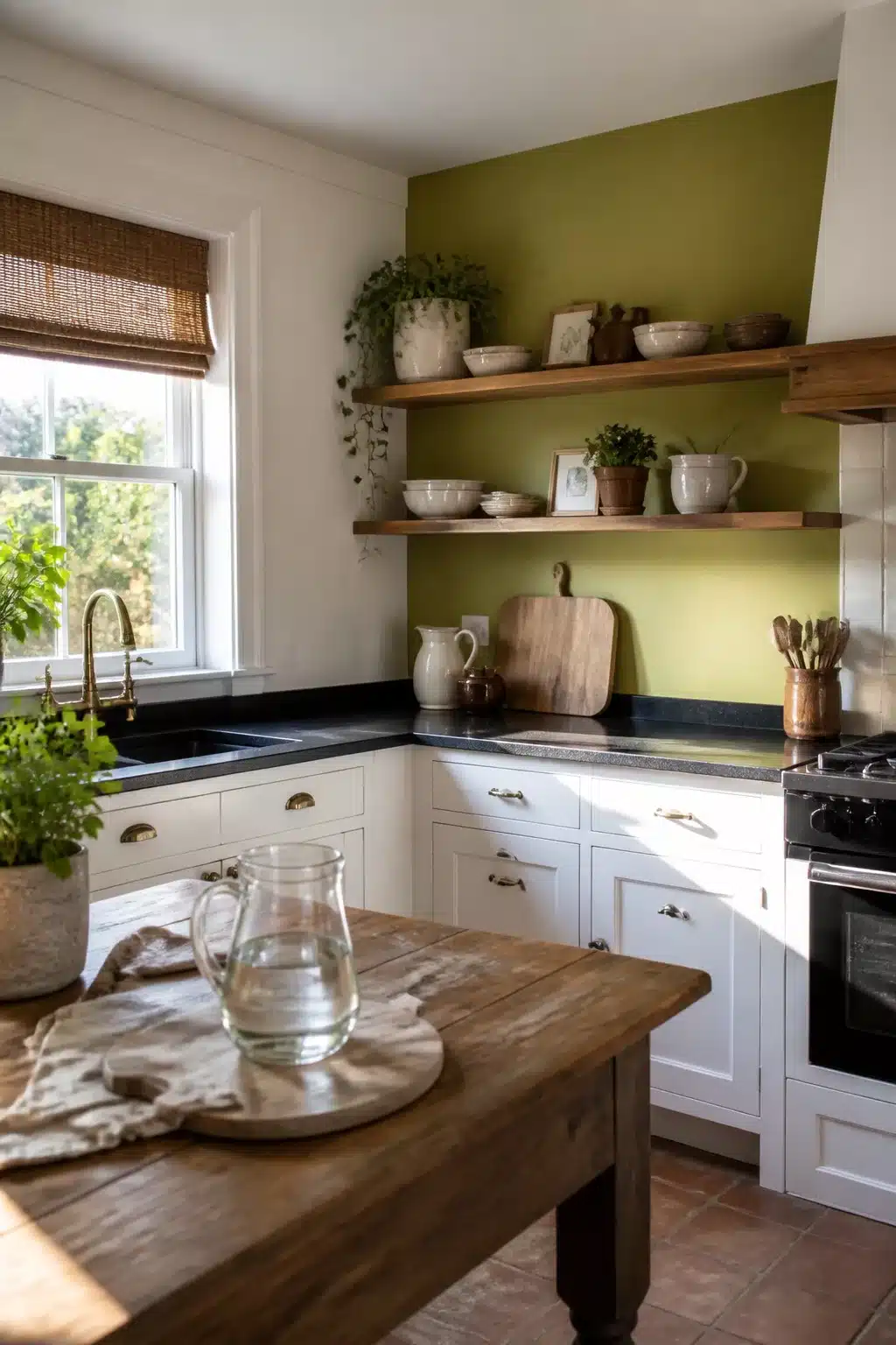 Cottage kitchen with black countertops, chartreuse accent wall, white shaker cabinets, brass hardware and open wood shelves