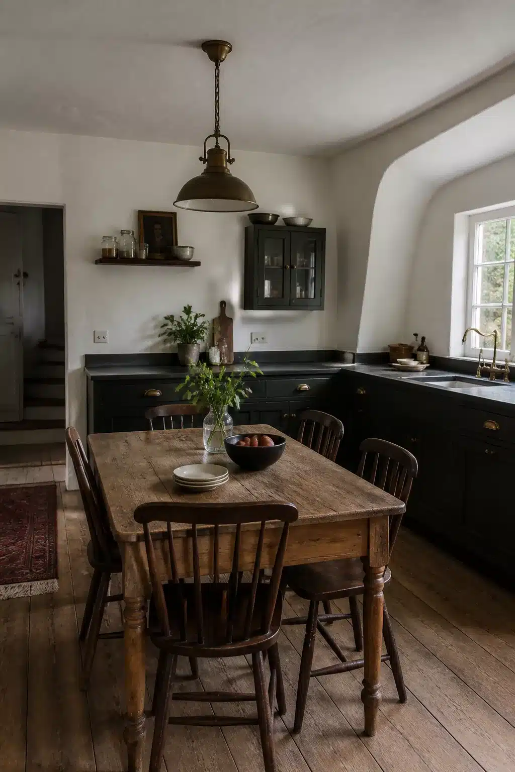 Cottage kitchen with black countertops, dark cabinets, limewashed walls, brass pendant light and antique pine dining table