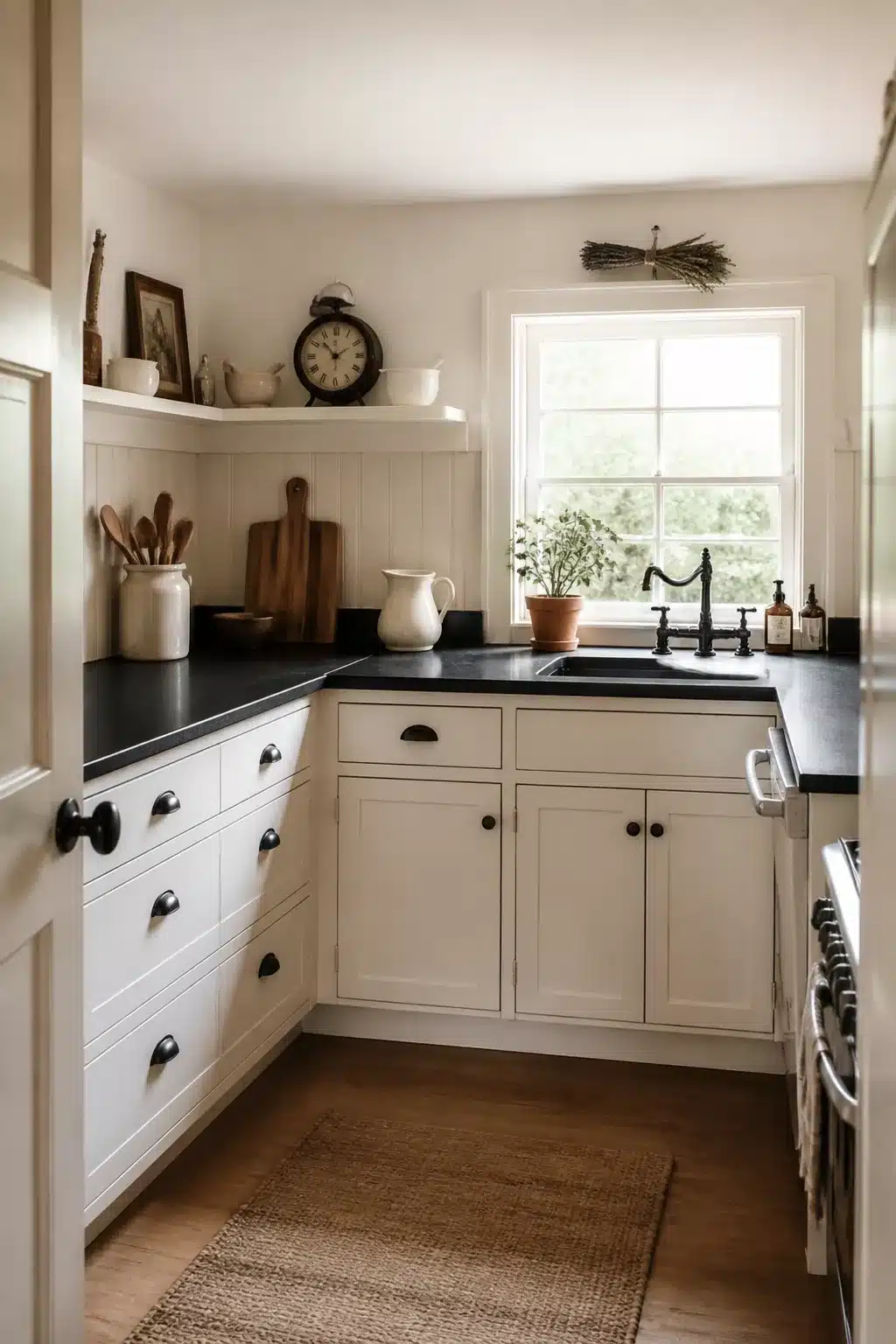 Small cottage kitchen with black countertops, white shaker cabinets, L-shaped layout, cup-pull hardware, and jute runner