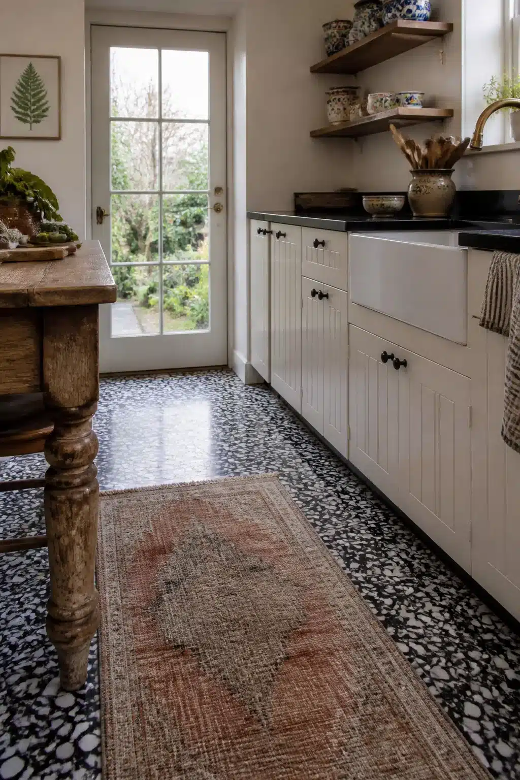 Cottage kitchen with black countertops, dark terrazzo floor, vintage runner, beadboard cabinets, and farmhouse sink.