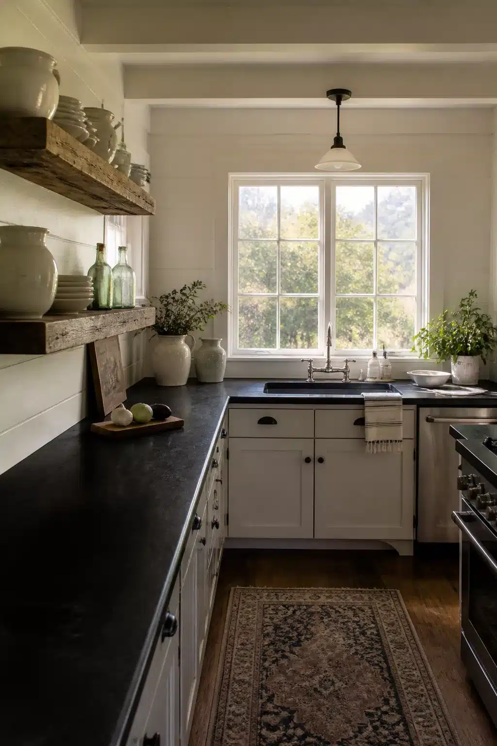 Cottage kitchen with black countertops, reclaimed wood floating shelves, white cabinets and a bridge faucet farmhouse sink