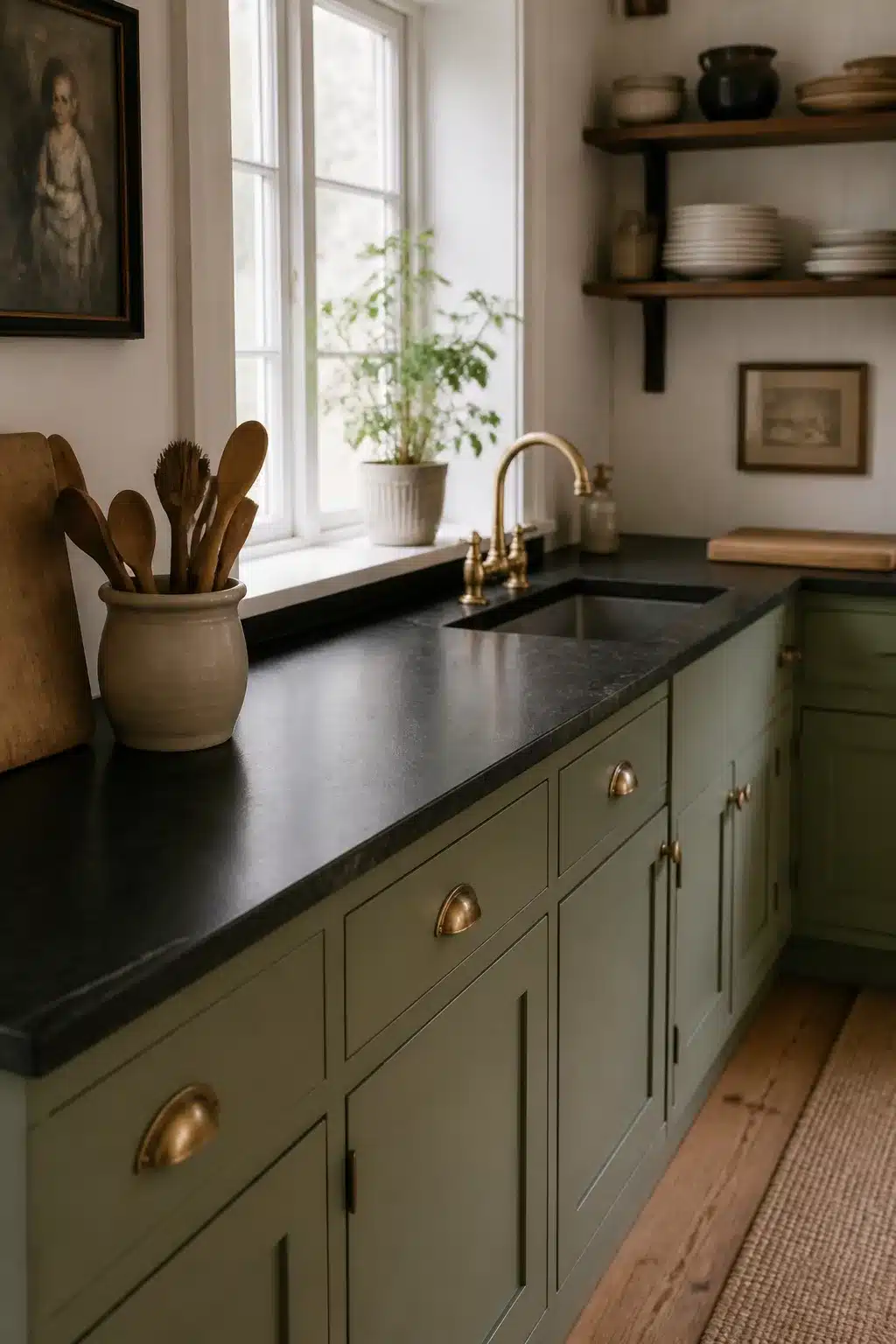 Sage green shaker cabinets with leathered black granite countertops in a cottage kitchen with brass hardware