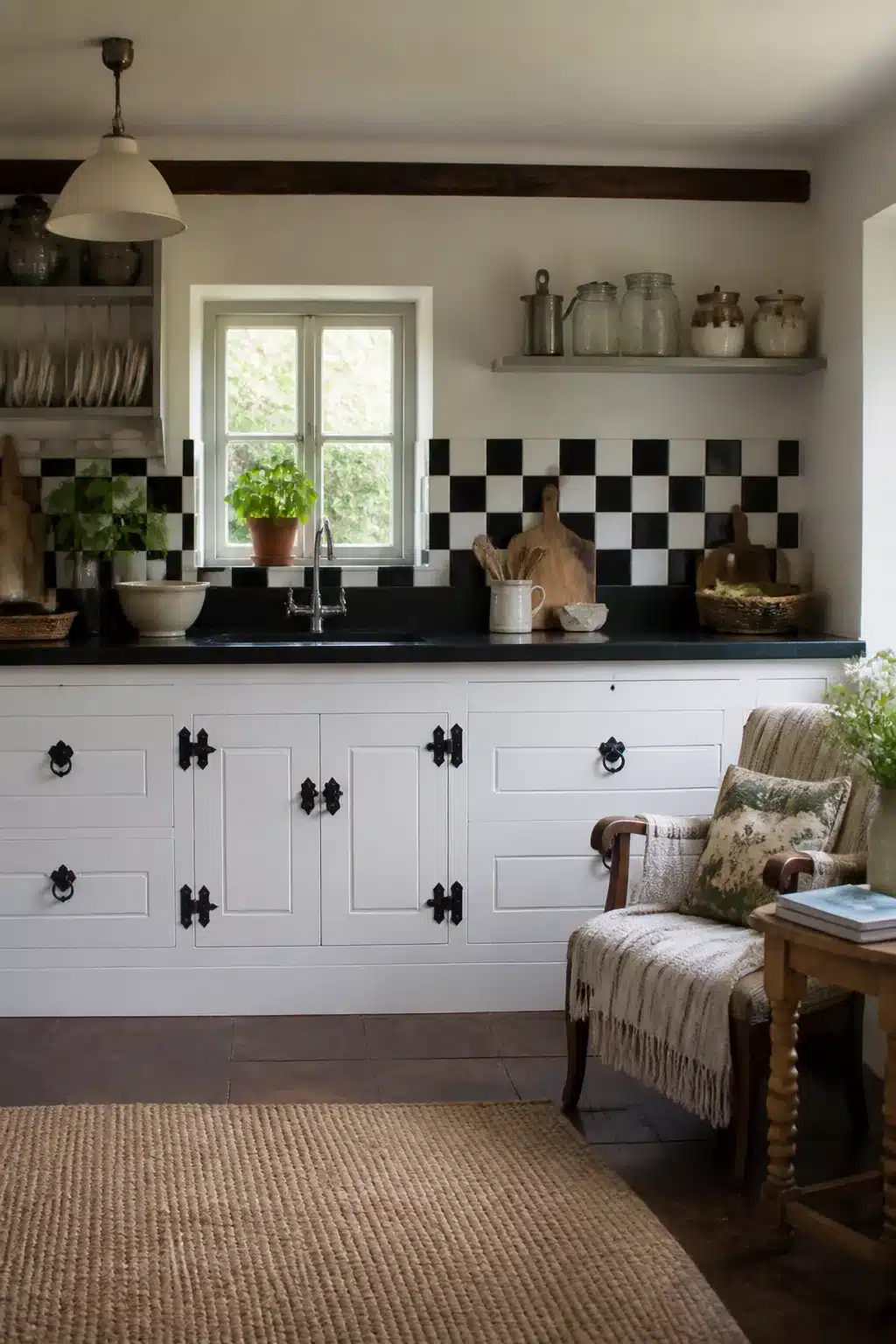 Cottage kitchen with black countertops, checkerboard tile backsplash, white cabinets, and cast iron ring pulls