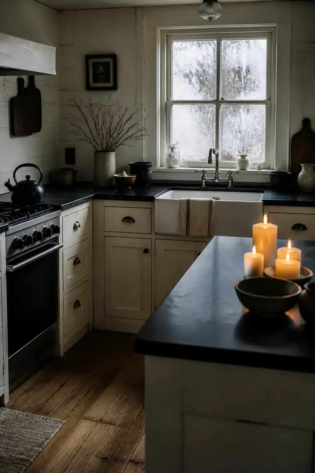 Cottage kitchen with black countertops, cream shaker cabinets, farmhouse sink, and lit pillar candles on a dark soapstone island