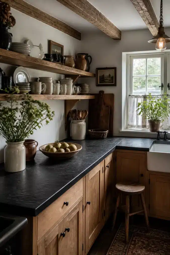 Cottage kitchen with black countertops, oak cabinets, exposed wood beams, open shelving, and a farmhouse sink