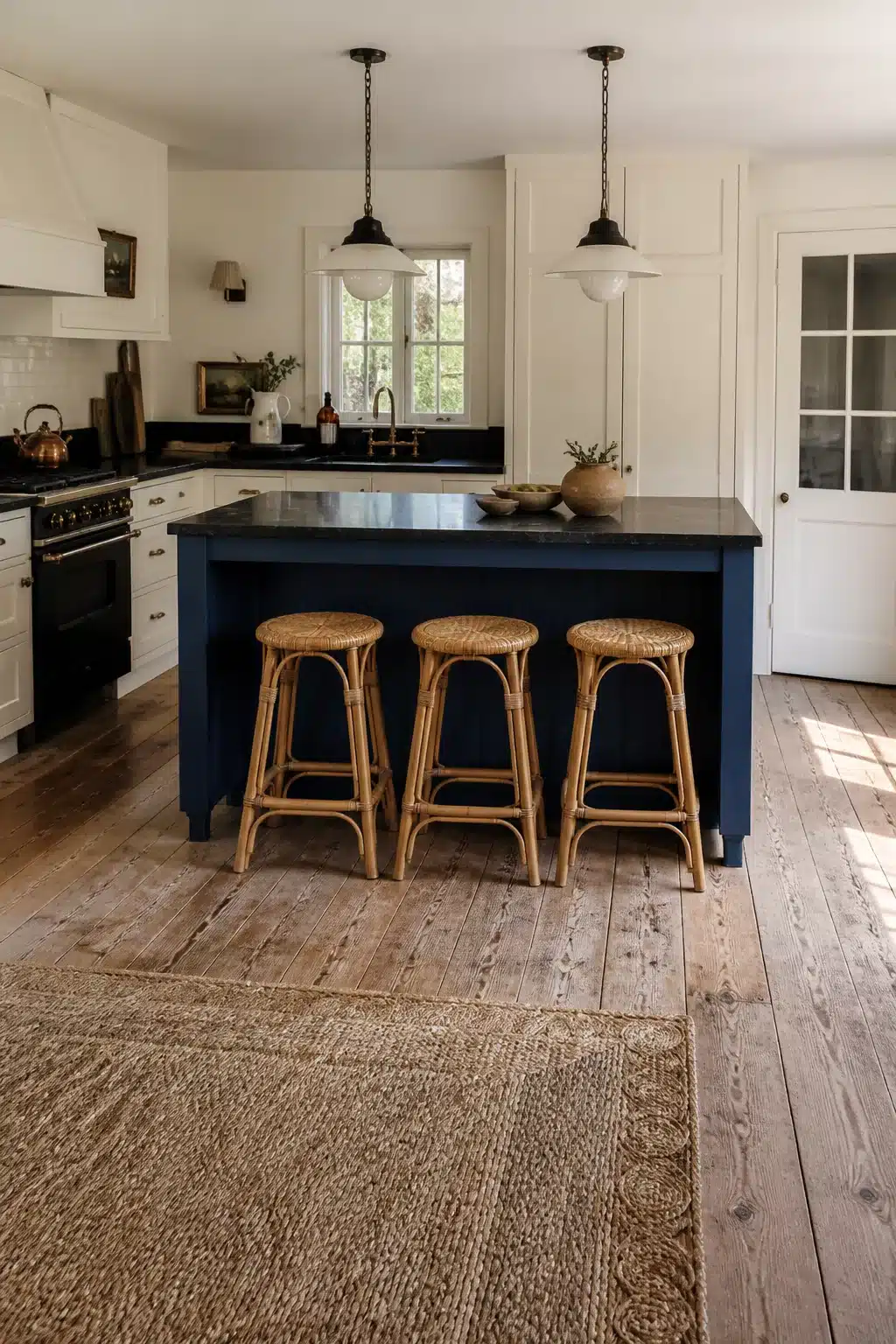 Cottage kitchen with black countertops on a navy blue island, rattan stools, and wide pine plank floors