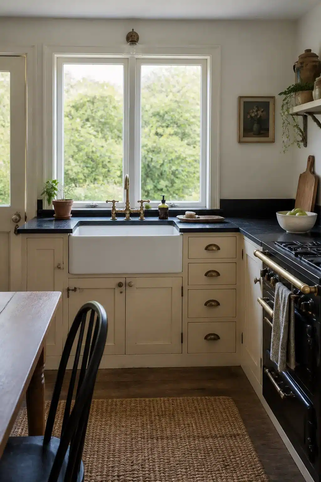 Cream shaker cottage kitchen with black soapstone countertops, farmhouse sink, and brass fixtures