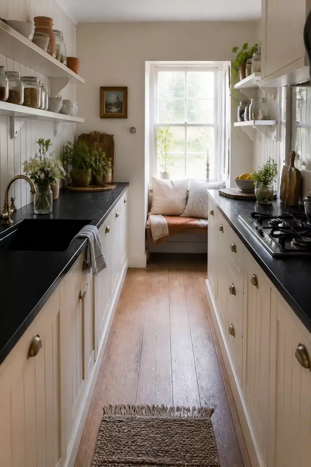 Galley cottage kitchen with black quartz countertops, cream shaker cabinets, brass pulls, and a window seat at the end.