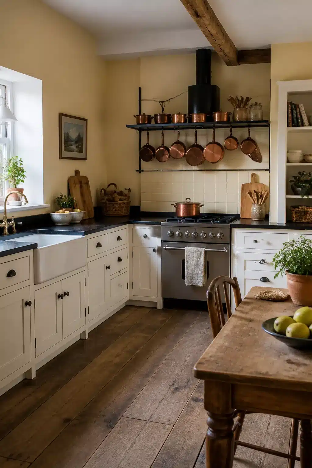Cottage kitchen with black countertops, pale yellow walls, copper pans on iron rail, cream shaker cabinets, farmhouse sink