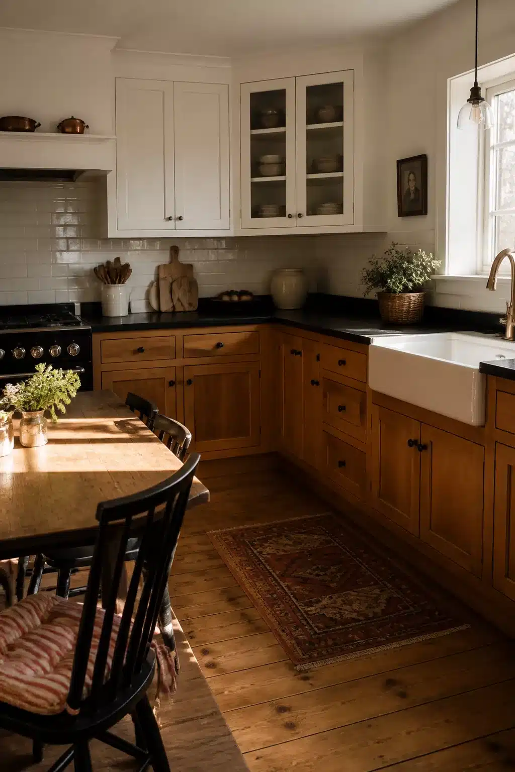 Cottage kitchen with black countertops, two-tone oak and white cabinets, farmhouse sink, and Persian rug on pine floors