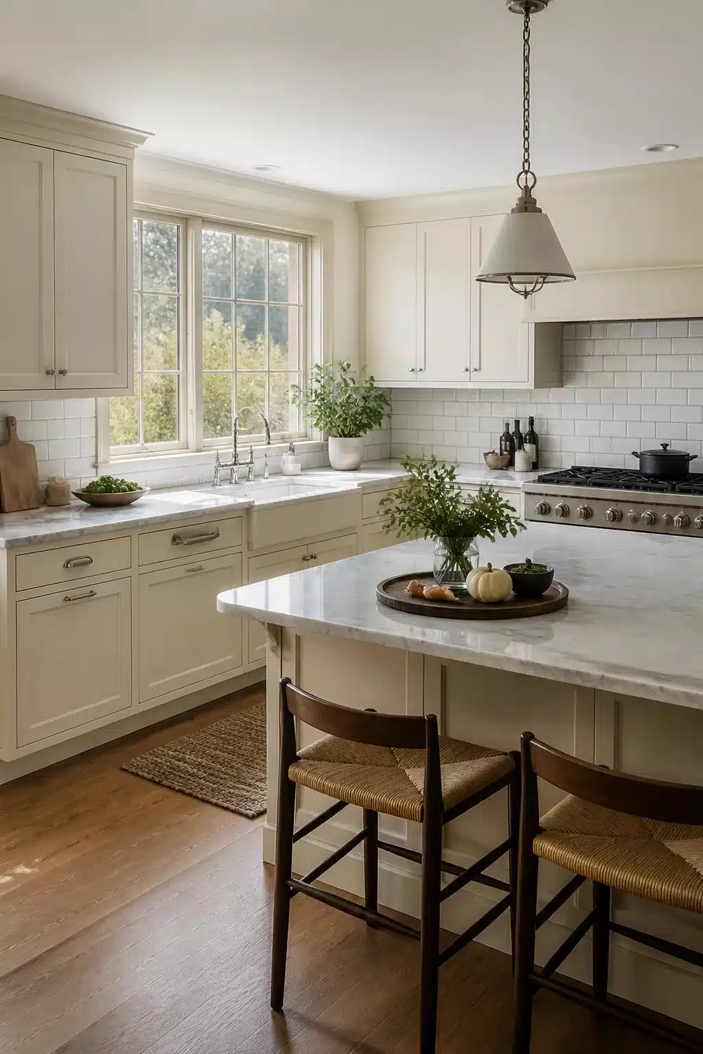 Cream kitchen cabinets with marble countertops, Shaker doors, farmhouse sink, and Carrara island — classic white kitchen design
