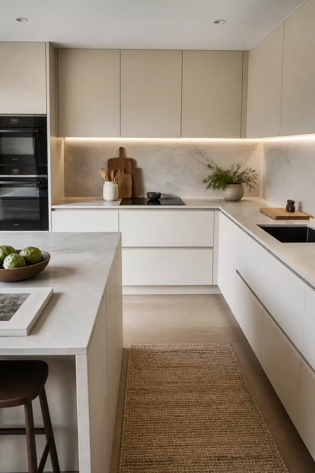 Minimalist cream kitchen cabinets with marble countertops, under-cabinet lighting, and a jute runner on concrete floors
