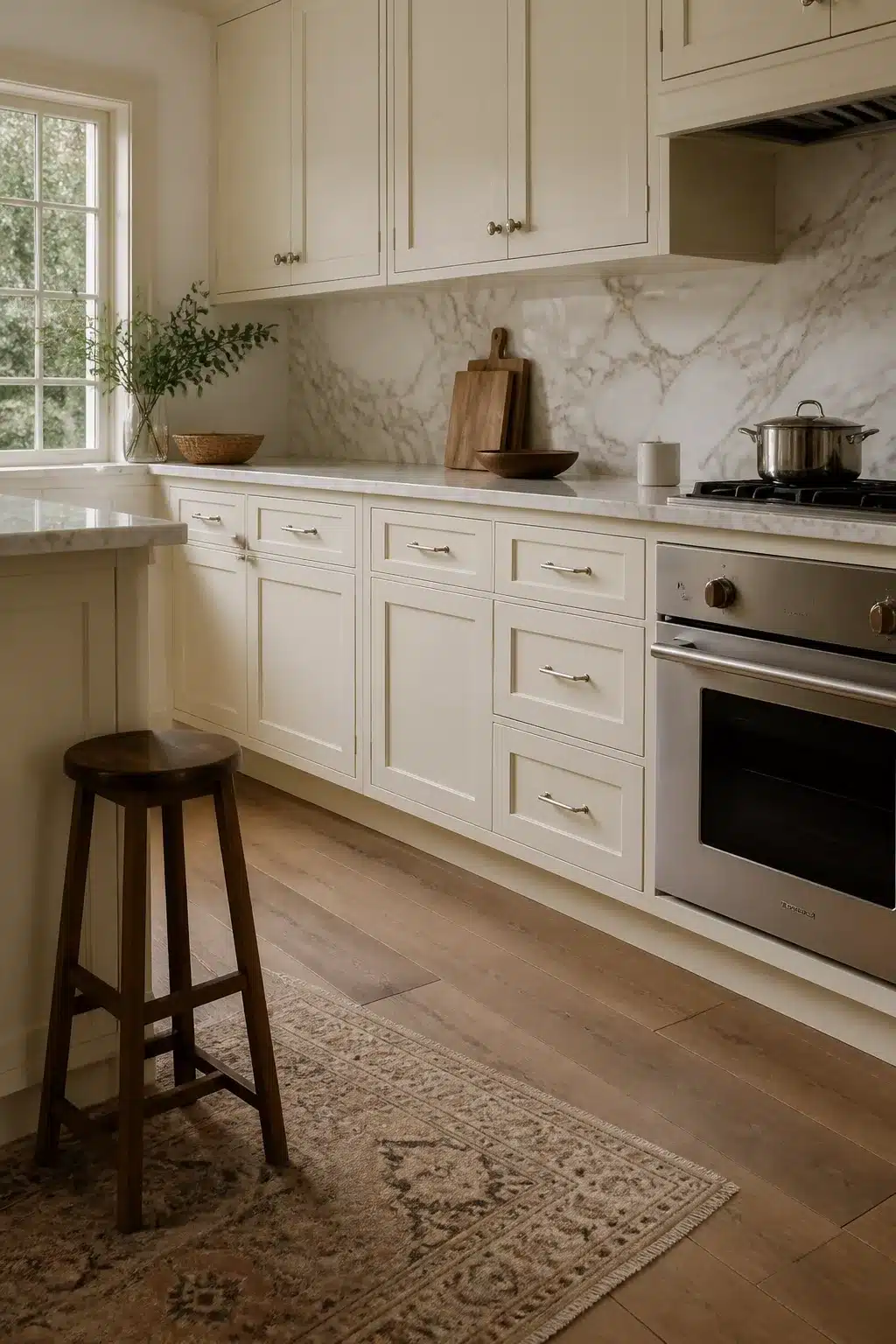 Cream kitchen cabinets with marble countertops and a full-height marble backsplash slab, light wood floors