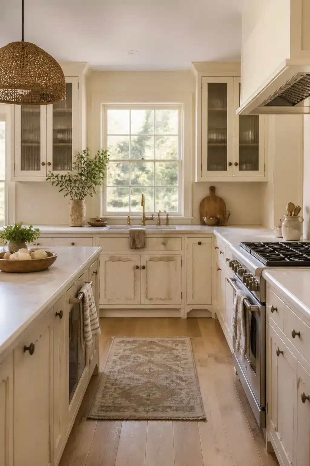 Cream kitchen cabinets with marble countertops featuring scalloped sink base cabinet door details and woven pendant light