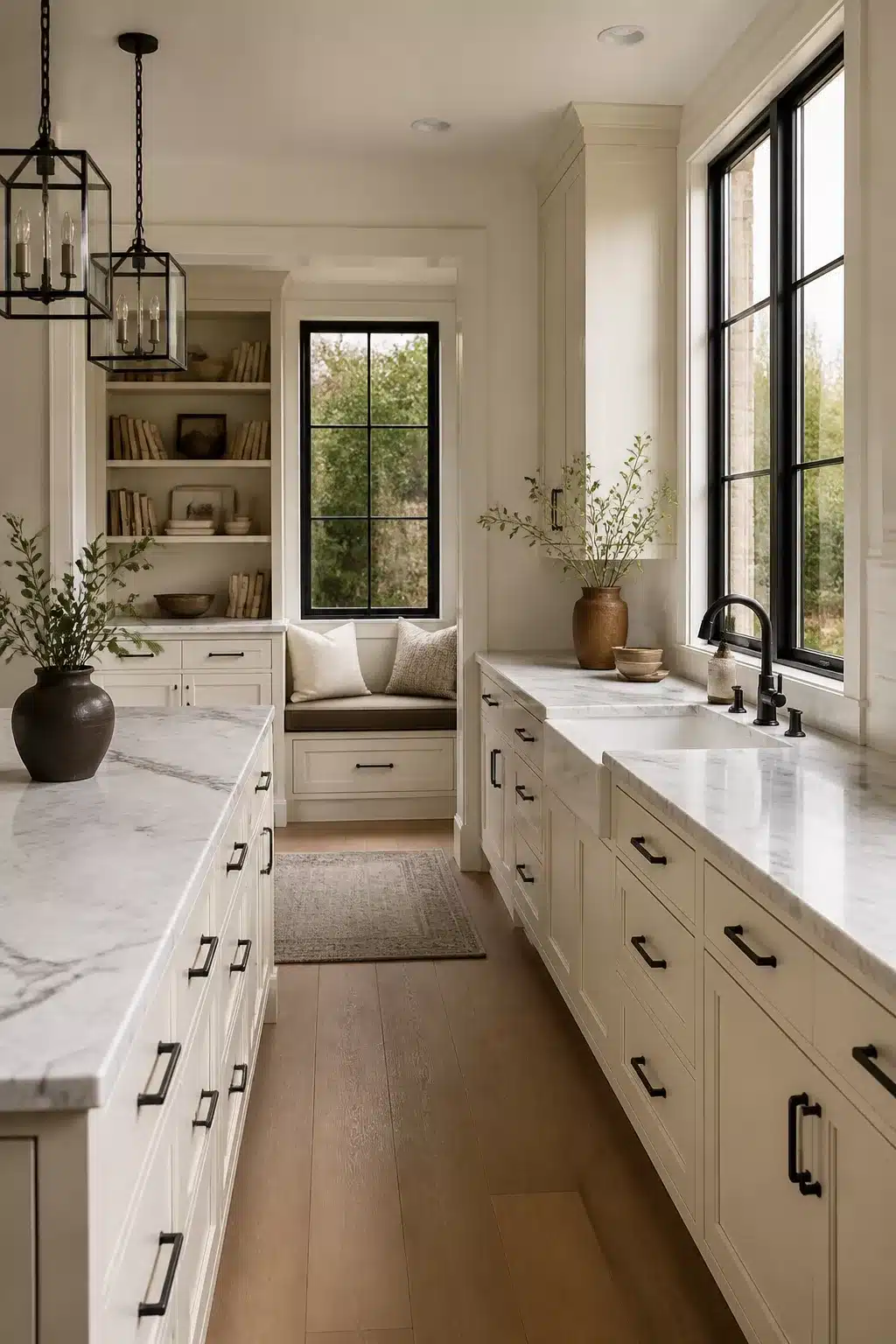 Cream kitchen cabinets with marble countertops, matte black hardware, and black steel window frames in a bright white kitchen