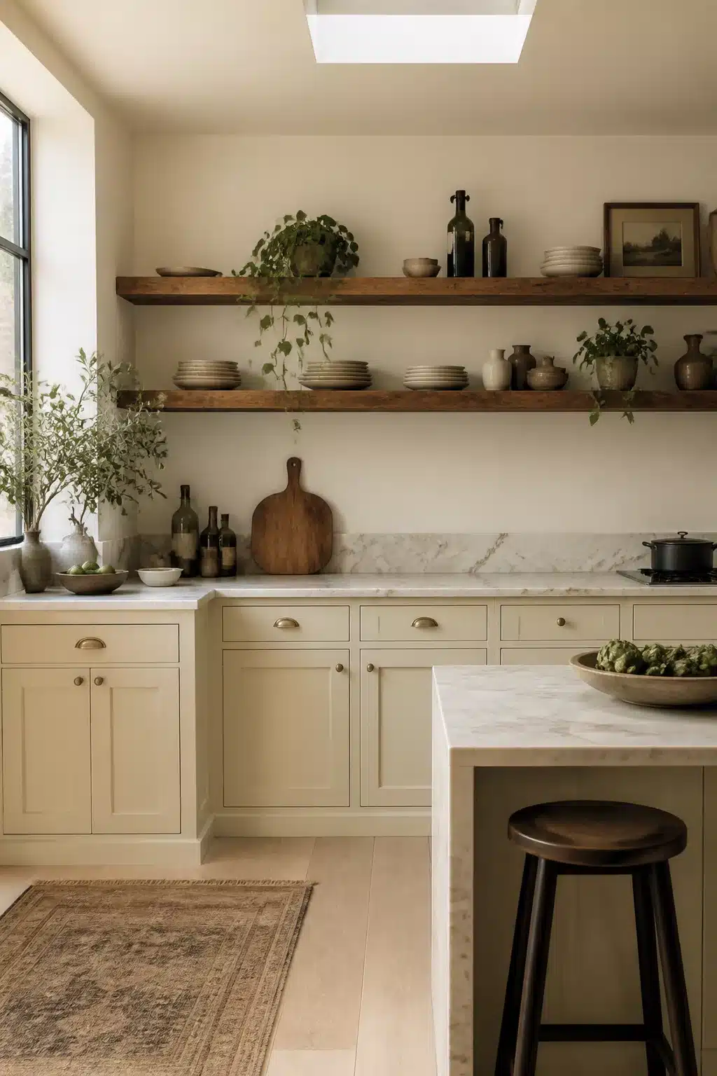 Cream kitchen cabinets with marble countertops and warm walnut floating shelves styled with stoneware and trailing plants.