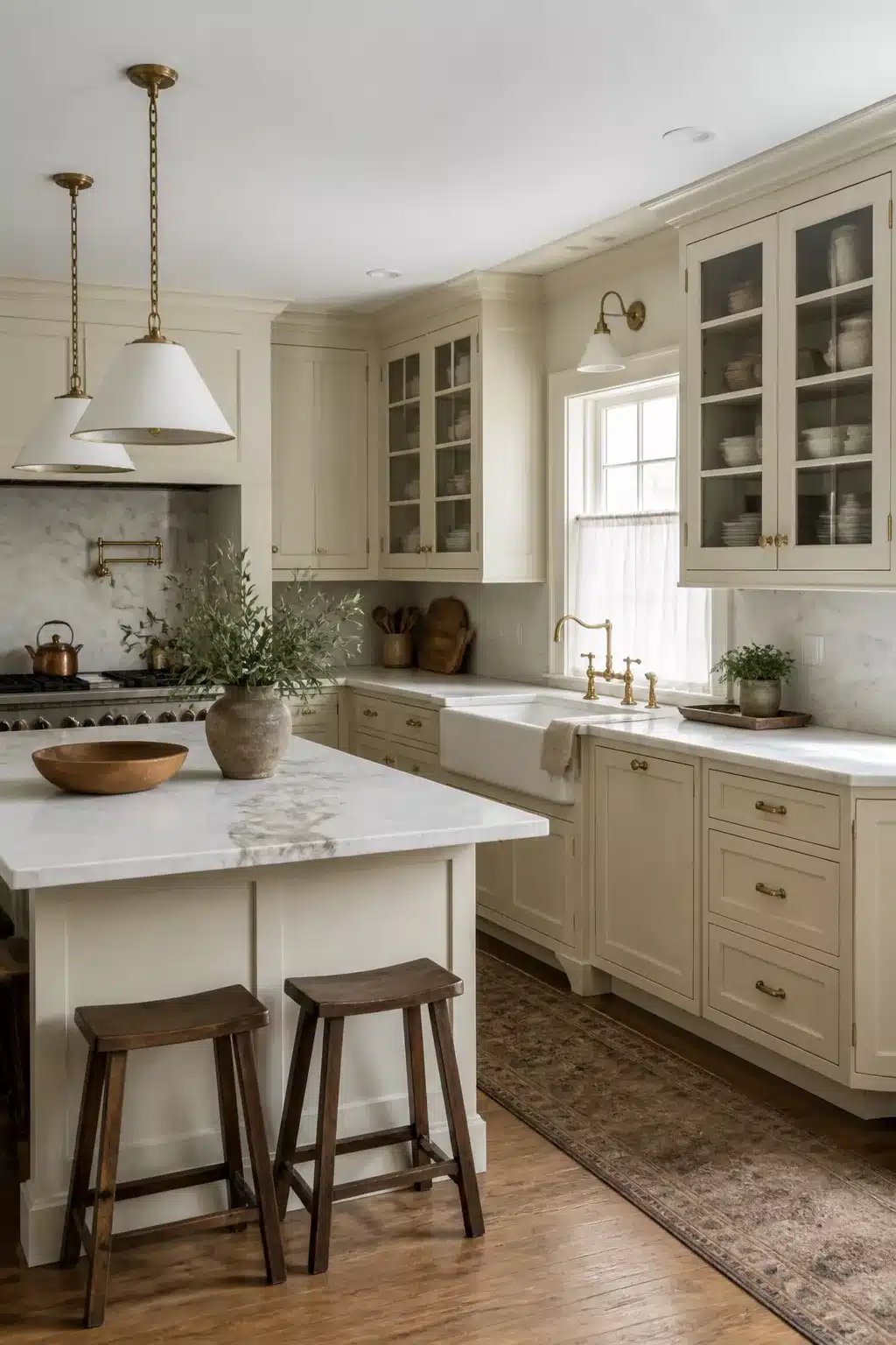 Cream kitchen cabinets with marble countertops, glass-front uppers, brass sconces, and a farmhouse sink