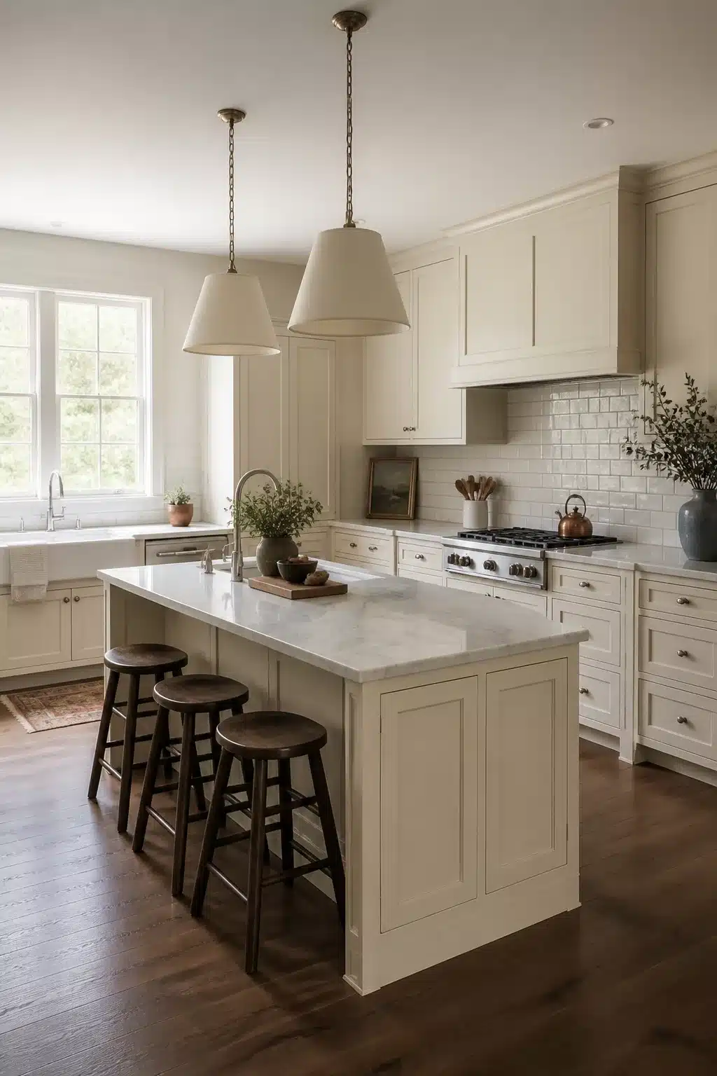 Cream kitchen cabinets with marble countertops, white subway tile backsplash, and warm gray grout lines