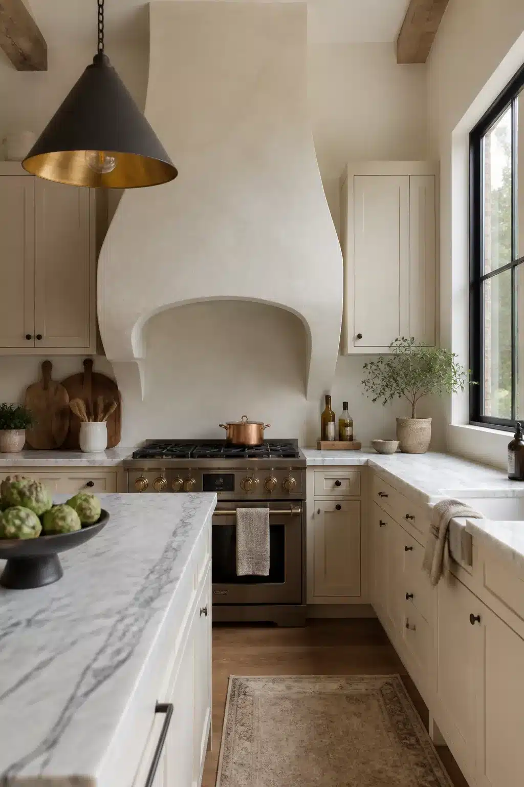 Cream kitchen cabinets with marble countertops and a sculptural arched plaster range hood with exposed wood beams