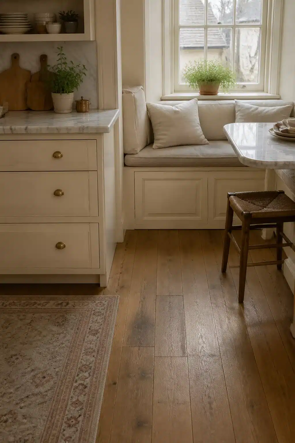 Cream kitchen cabinets with marble countertops and a built-in banquette nook on wide-plank oak floors
