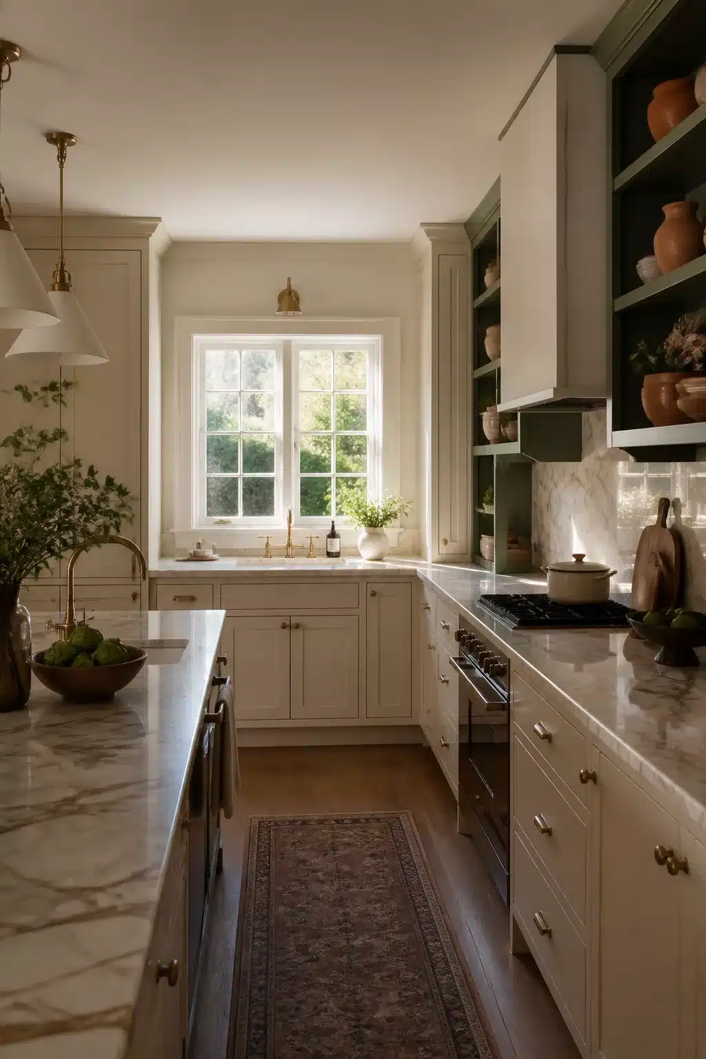 Cream kitchen cabinets with marble countertops and deep green open shelving, brass hardware, and a garden window.