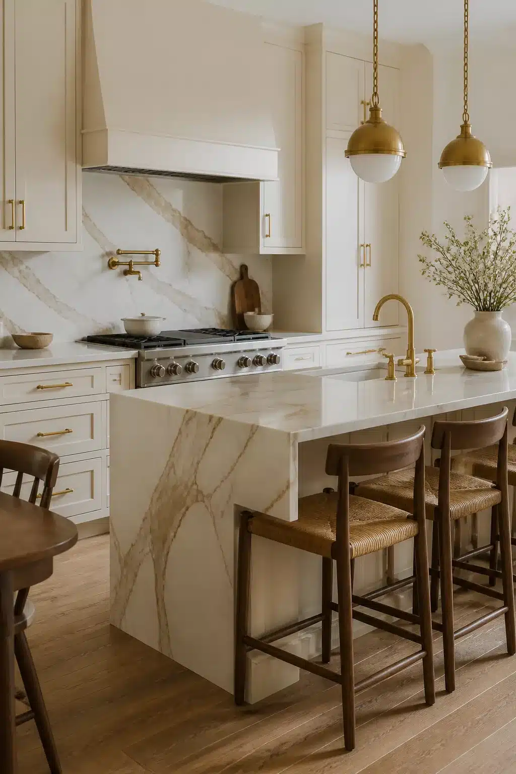 Cream kitchen cabinets with marble countertops, brass hardware, pendant lights, and a marble waterfall island.