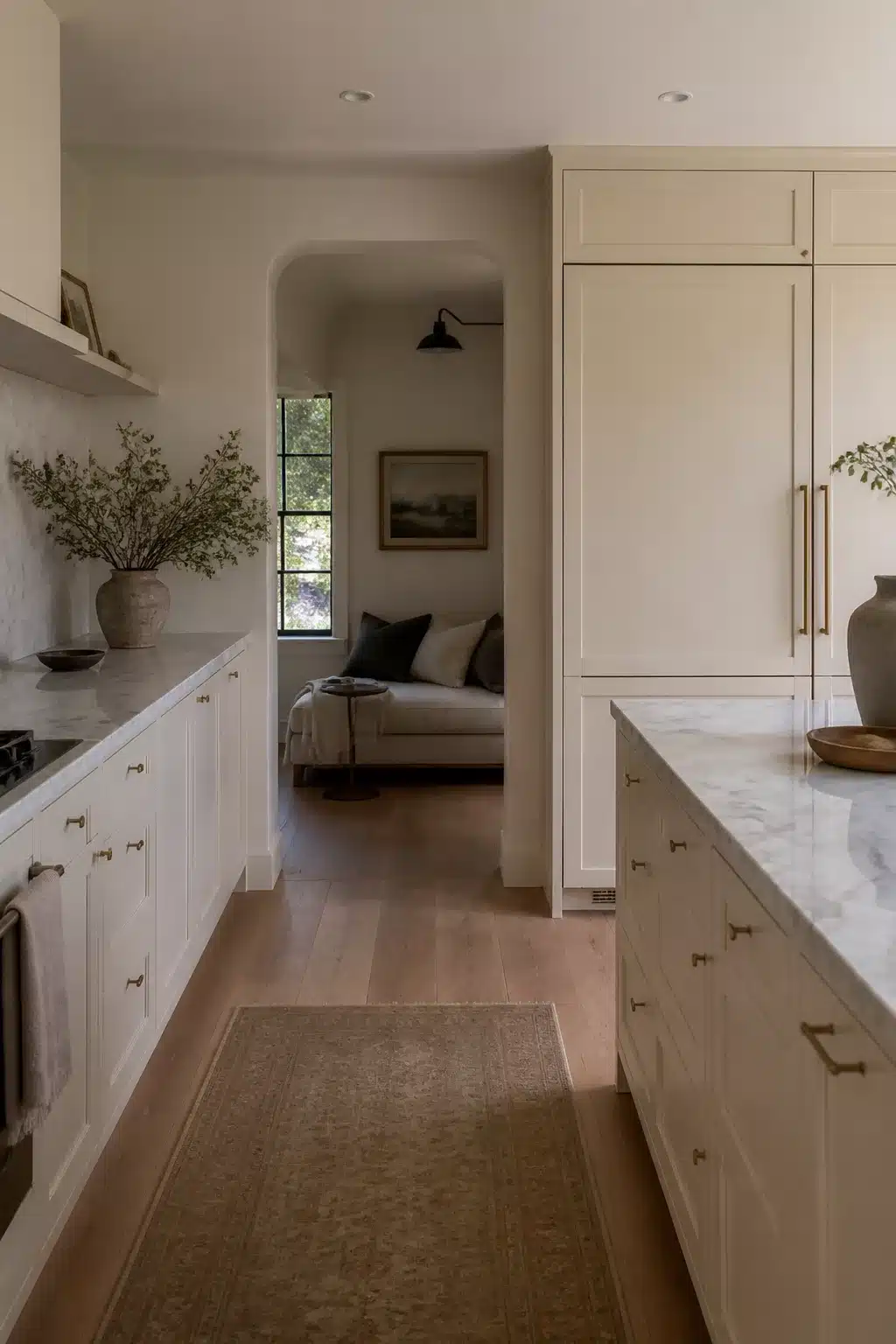 Cream kitchen cabinets with marble countertops and a panel-ready refrigerator, brushed brass hardware, light wood floors