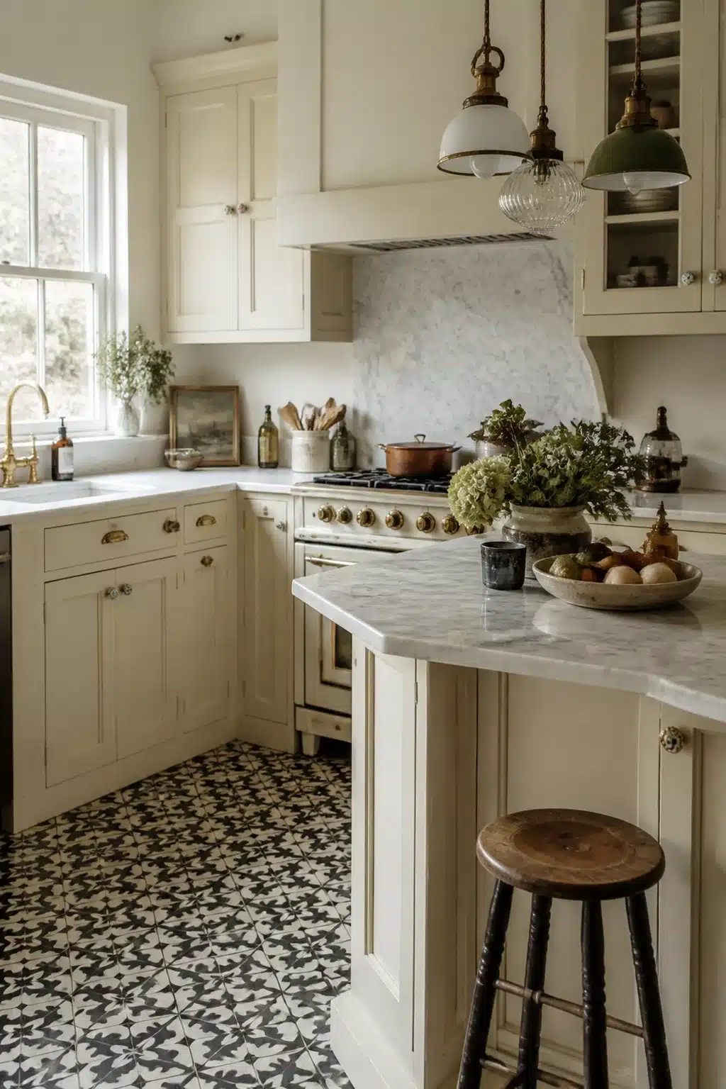 Cream kitchen cabinets with marble countertops, patterned cement tile floor, mismatched pendant lights, and a small island
