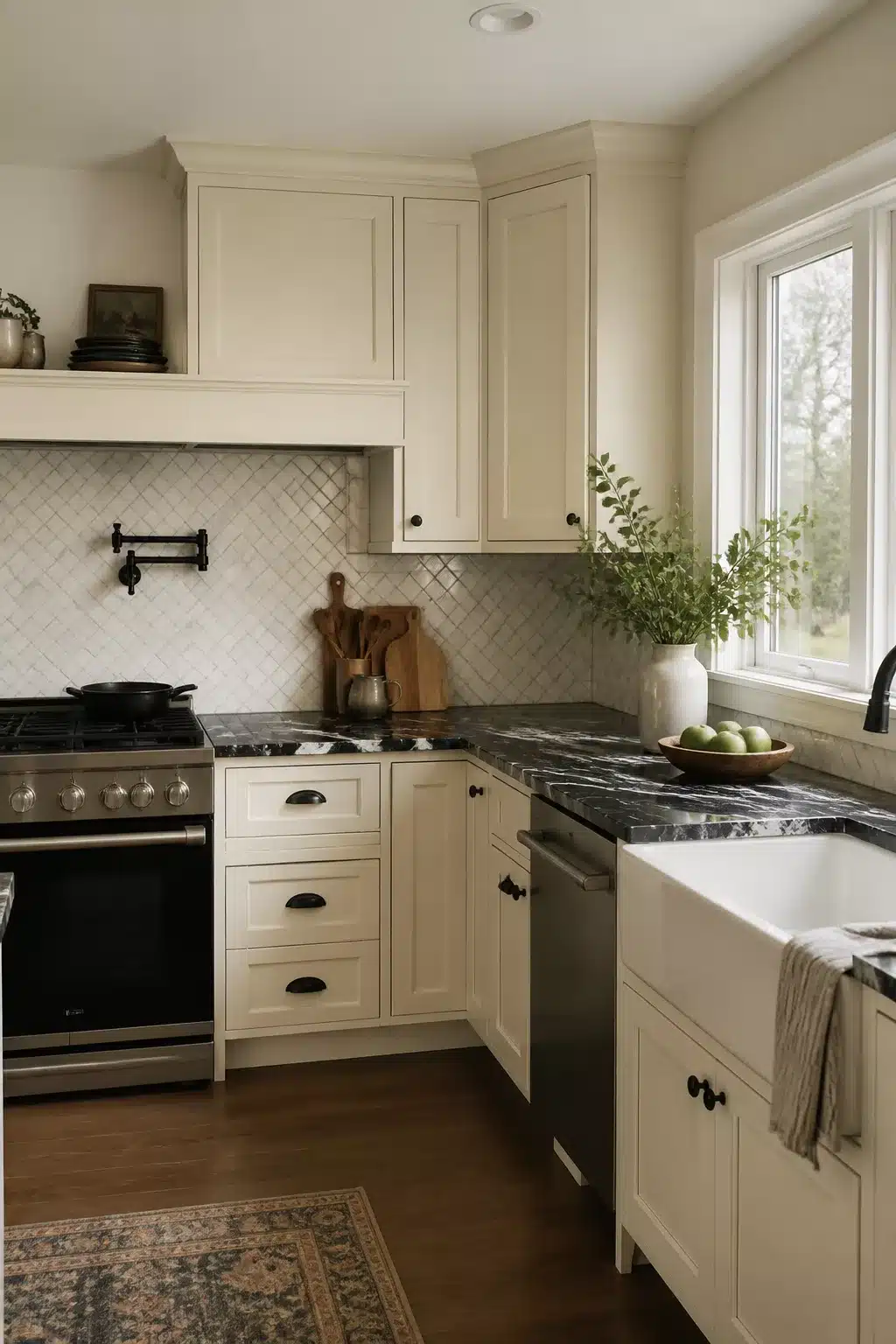 Cream kitchen cabinets with dark-veined marble countertops, matte black hardware, farmhouse sink, and diamond tile backsplash.