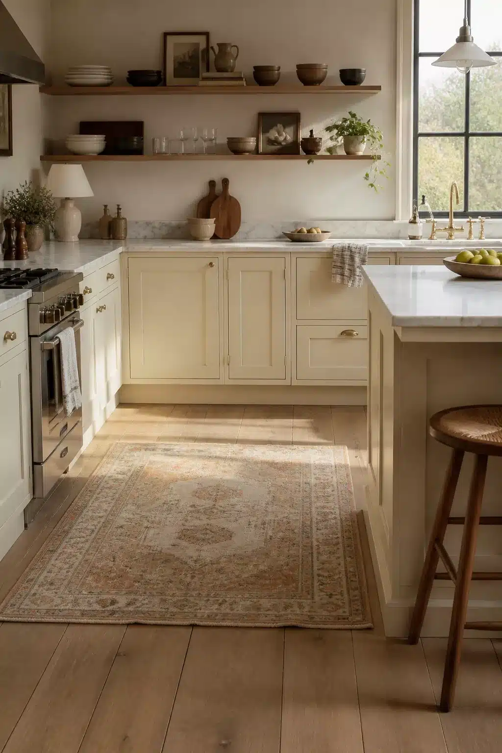 Cream kitchen cabinets with marble countertops, open wood shelving, brass hardware, and a faded Persian rug on light wood floors.